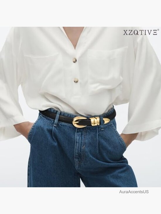 Women\'s Skinny Leather Belt with Gold Buckle for Jeans Dresses Thin Waist Belt main image 6